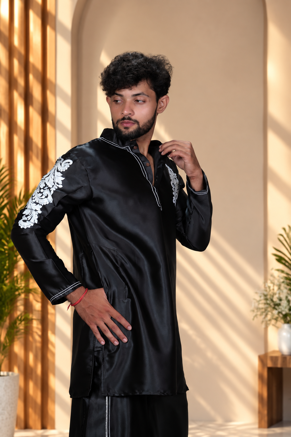 Noir Baroque Satin Silk Kurta Black