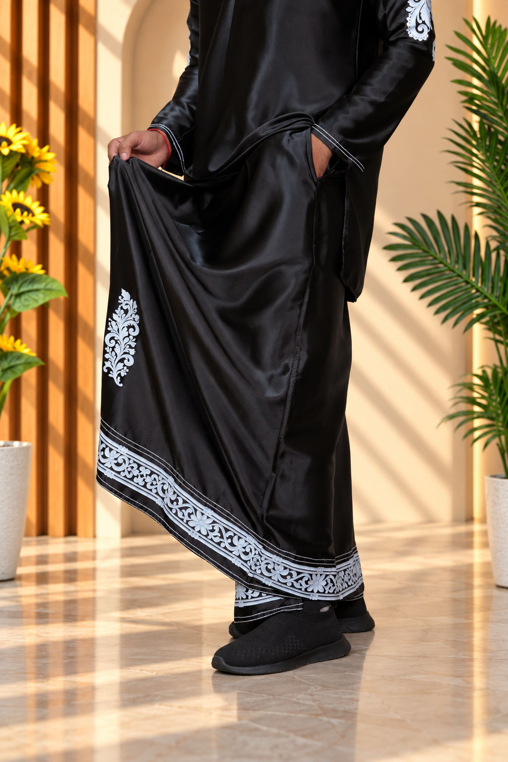 Noir Baroque Satin Silk Pajama Lungi Black