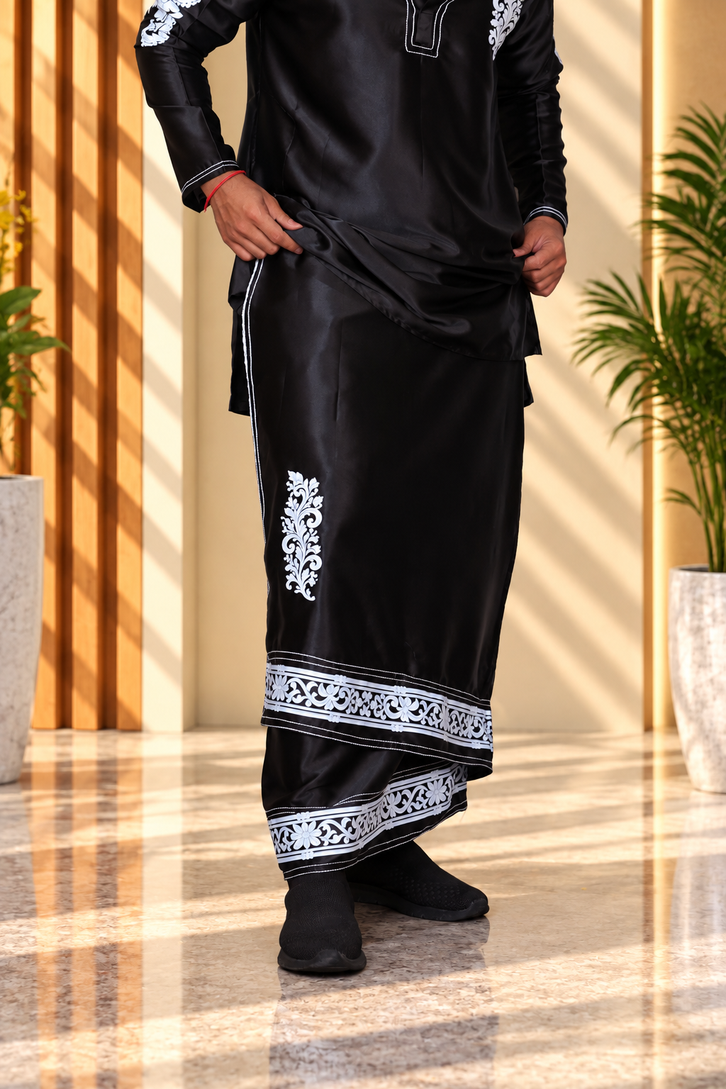 Noir Baroque Satin Silk Pajama Lungi Black