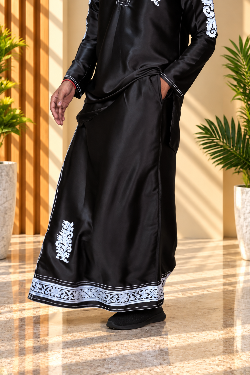 Noir Baroque Satin Silk Pajama Lungi Black