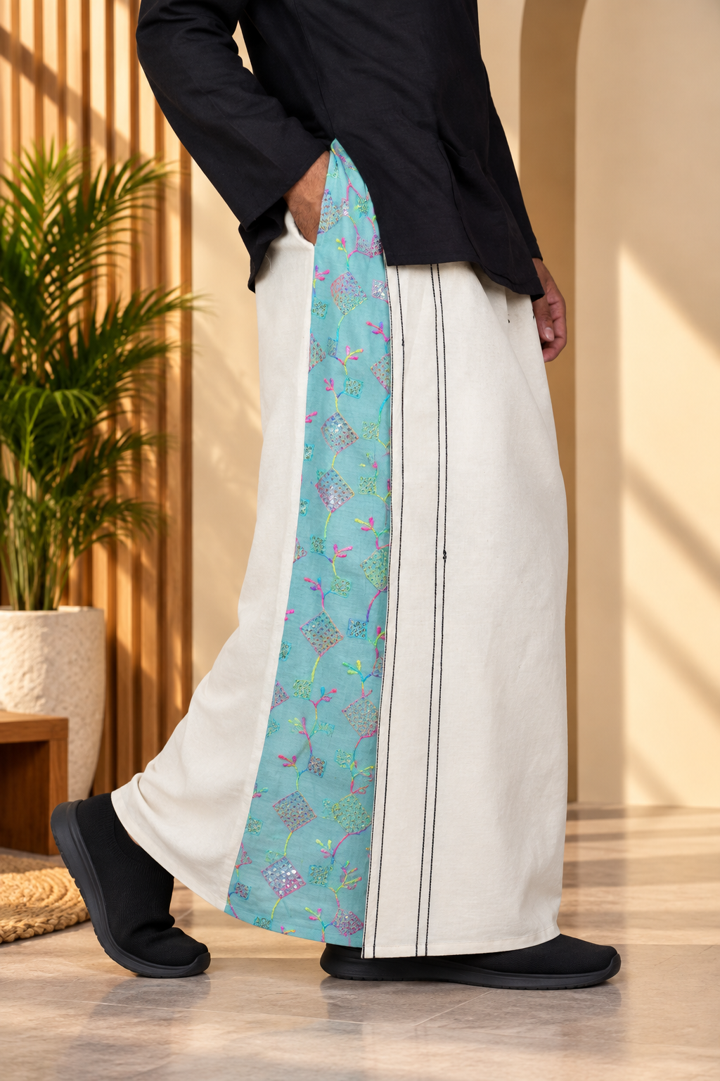 Men Beige Color  Pajamalungi With Sea Blue Sequence Embroidery Panel
