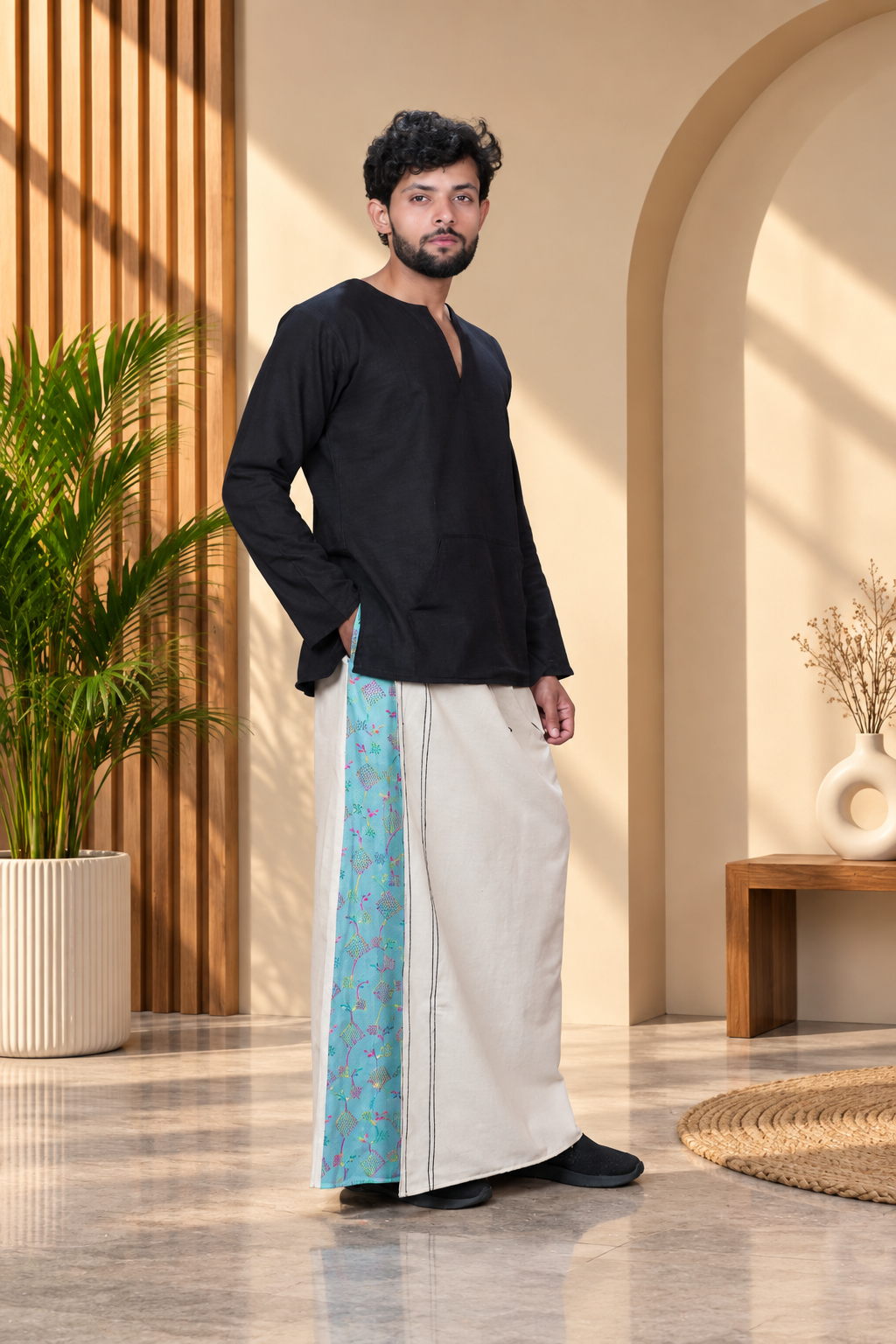 Men Beige Color  Pajamalungi With Sea Blue Sequence Embroidery Panel