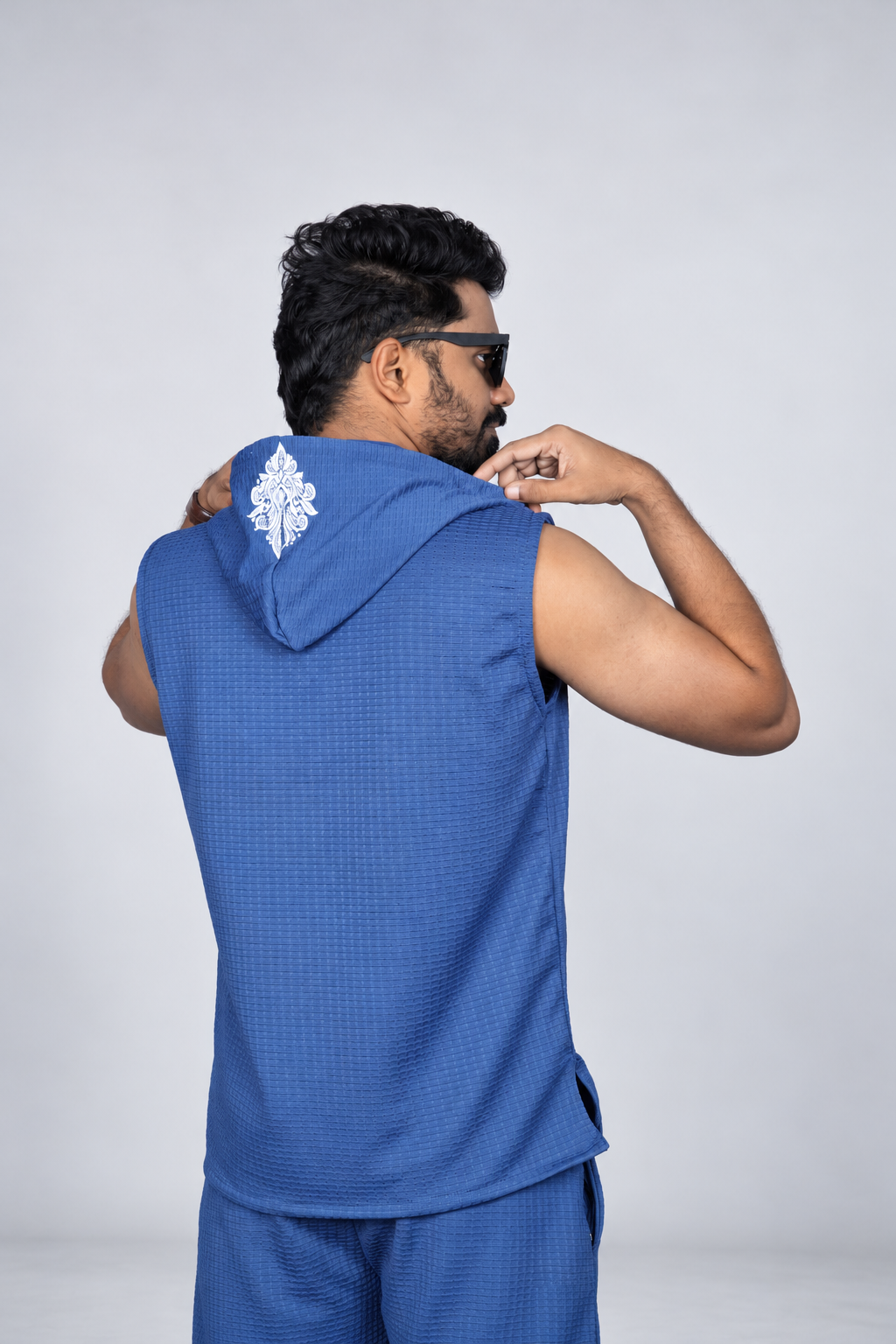 Men's Blue Printed Sleeveless Hoodie