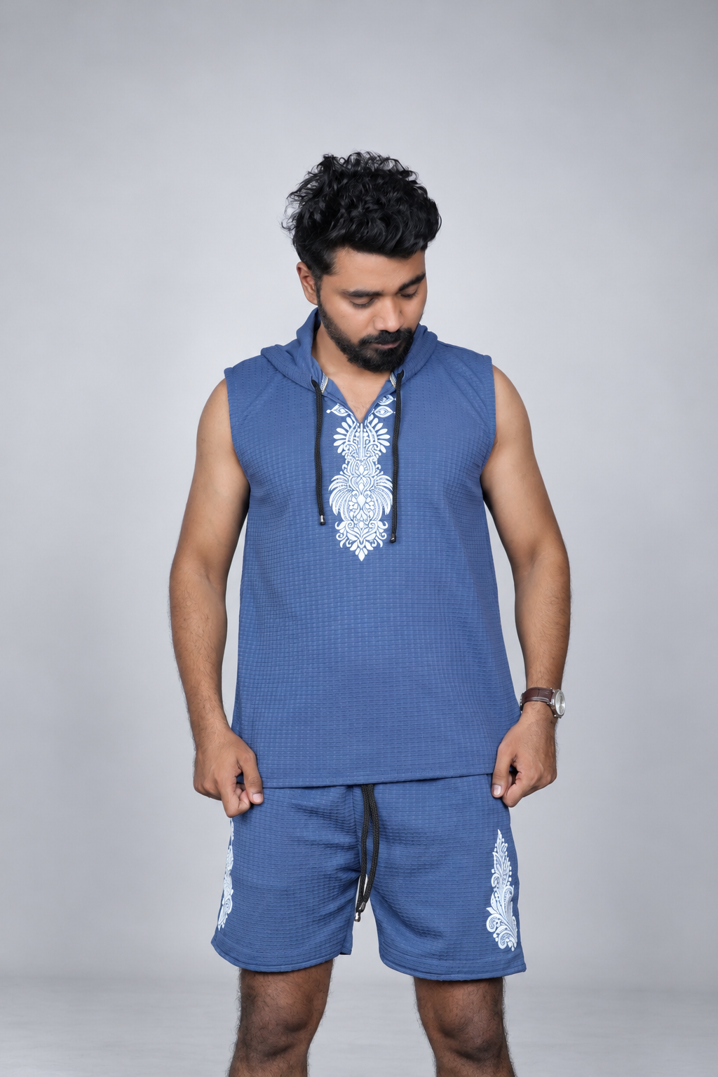 Men's Blue Printed Sleeveless Hoodie
