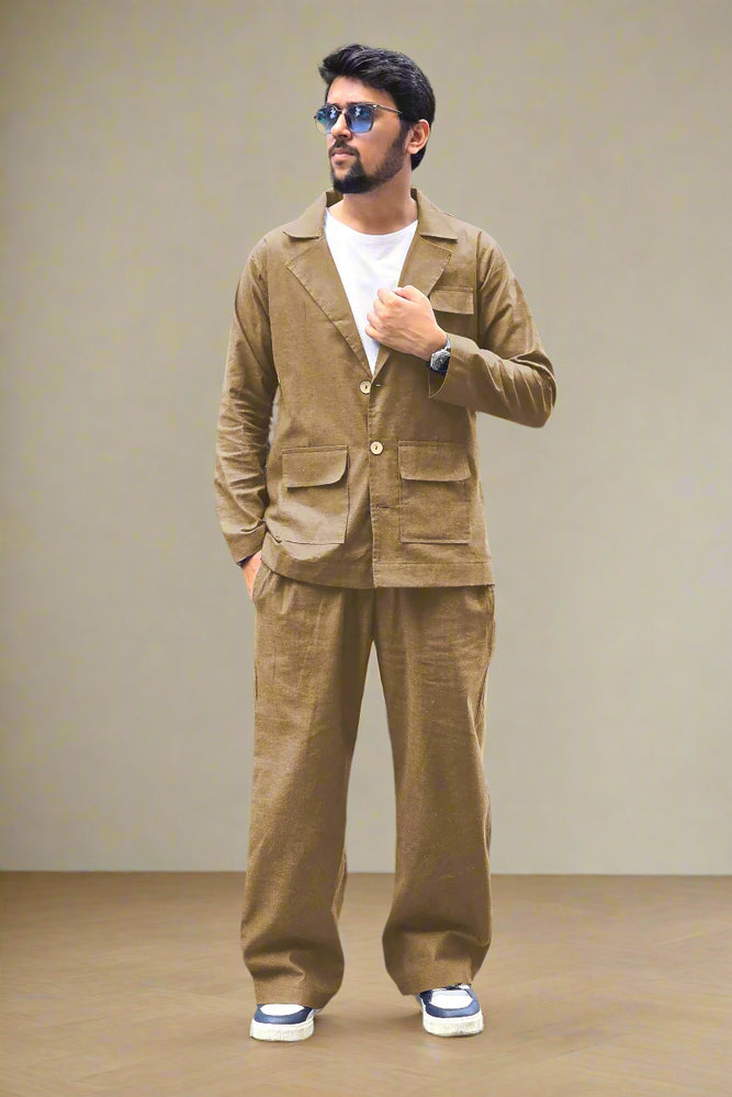 Brown Cotton Blazer and Pajama Set