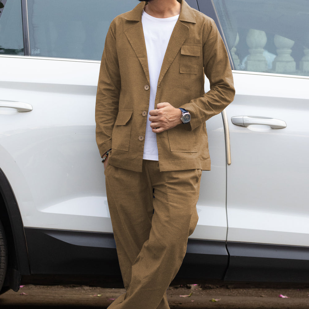 Brown Cotton Blazer and Pajama Set