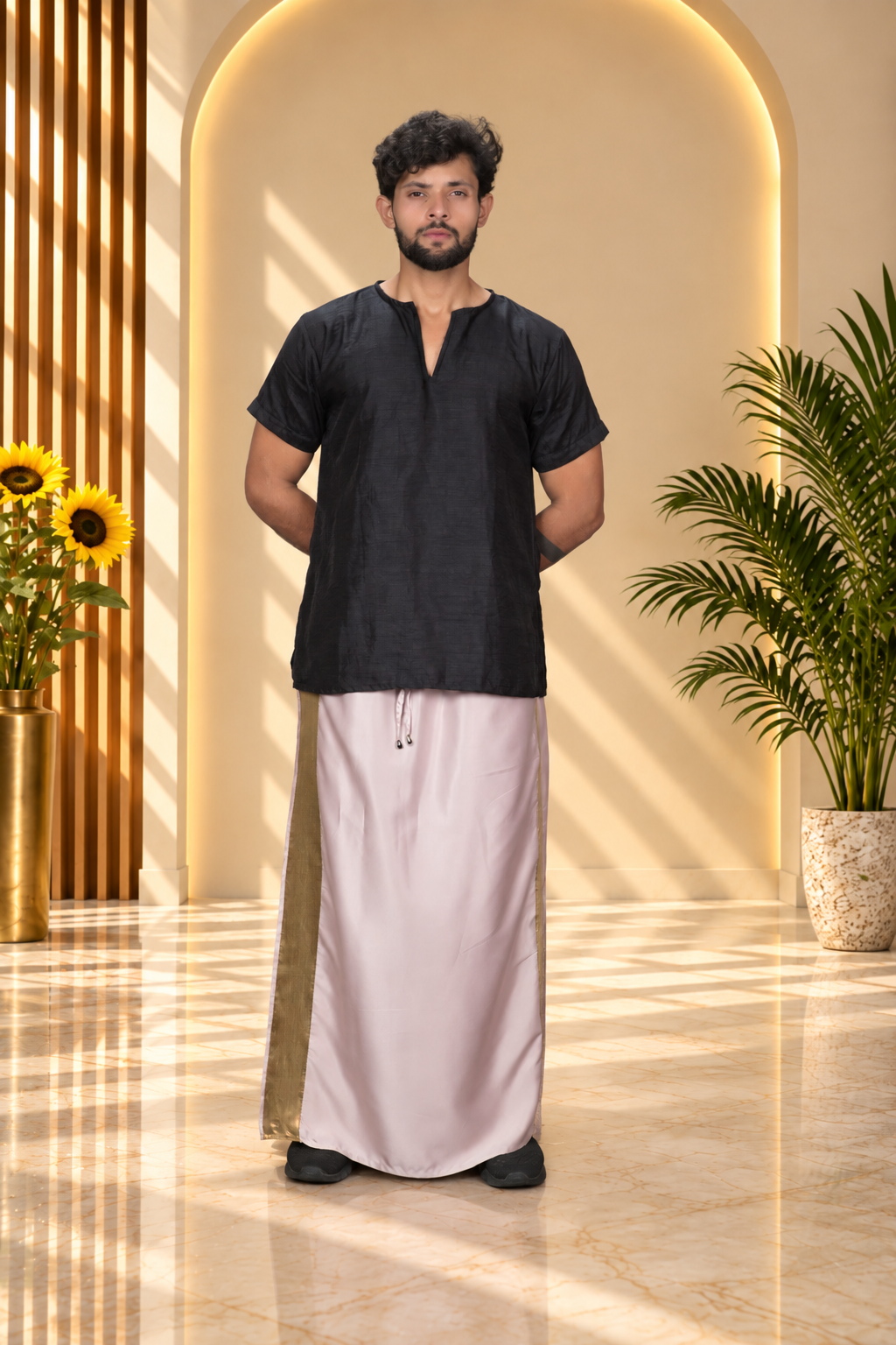 Men Light Mauve Colour Pajamalungi With Copper Zari Stripe
