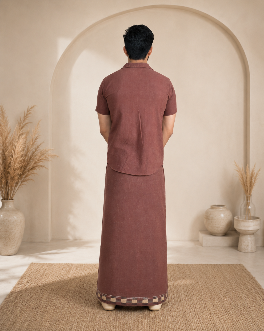 Men Cotton Coffee Brown colour Pajamalungi with Black floral weave stripe