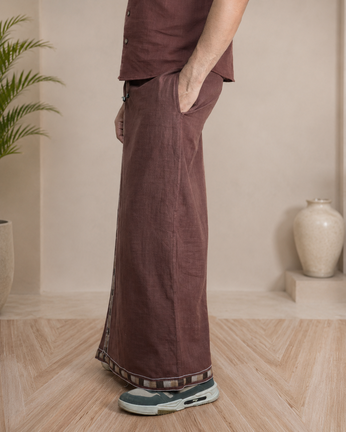 Men Cotton Coffee Brown colour Pajamalungi with Black floral weave stripe