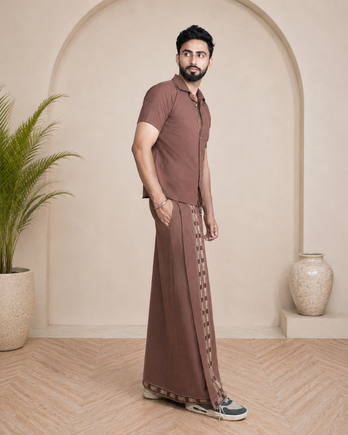 Men Cotton Coffee Brown colour Pajamalungi with Black floral weave stripe
