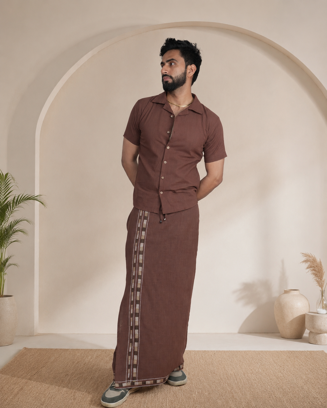 Men Cotton Coffee Brown colour Pajamalungi with Black floral weave stripe