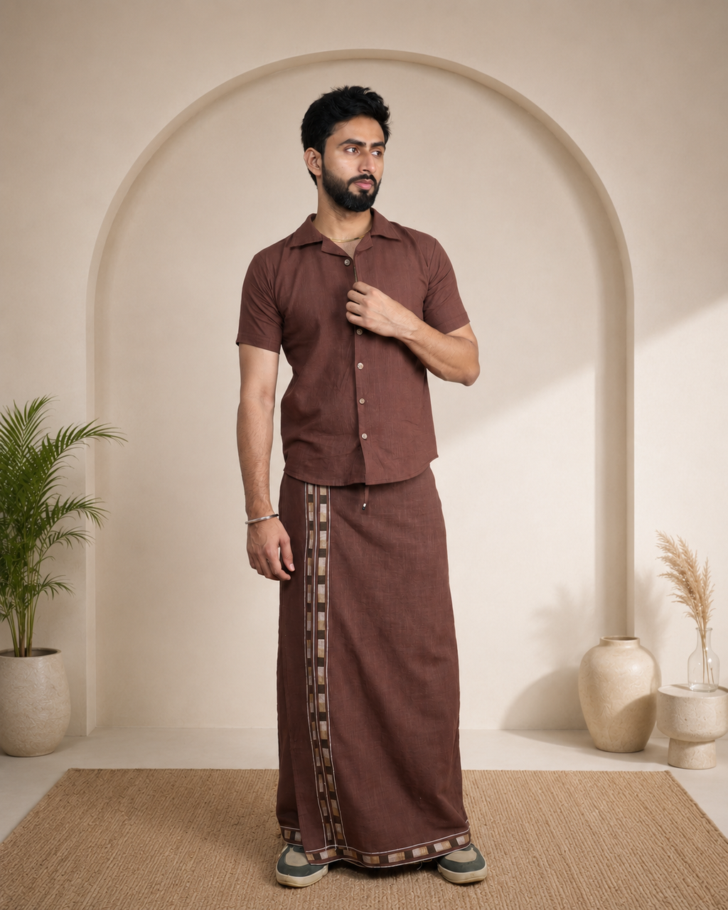 Men Cotton Coffee Brown colour Pajamalungi with Black floral weave stripe