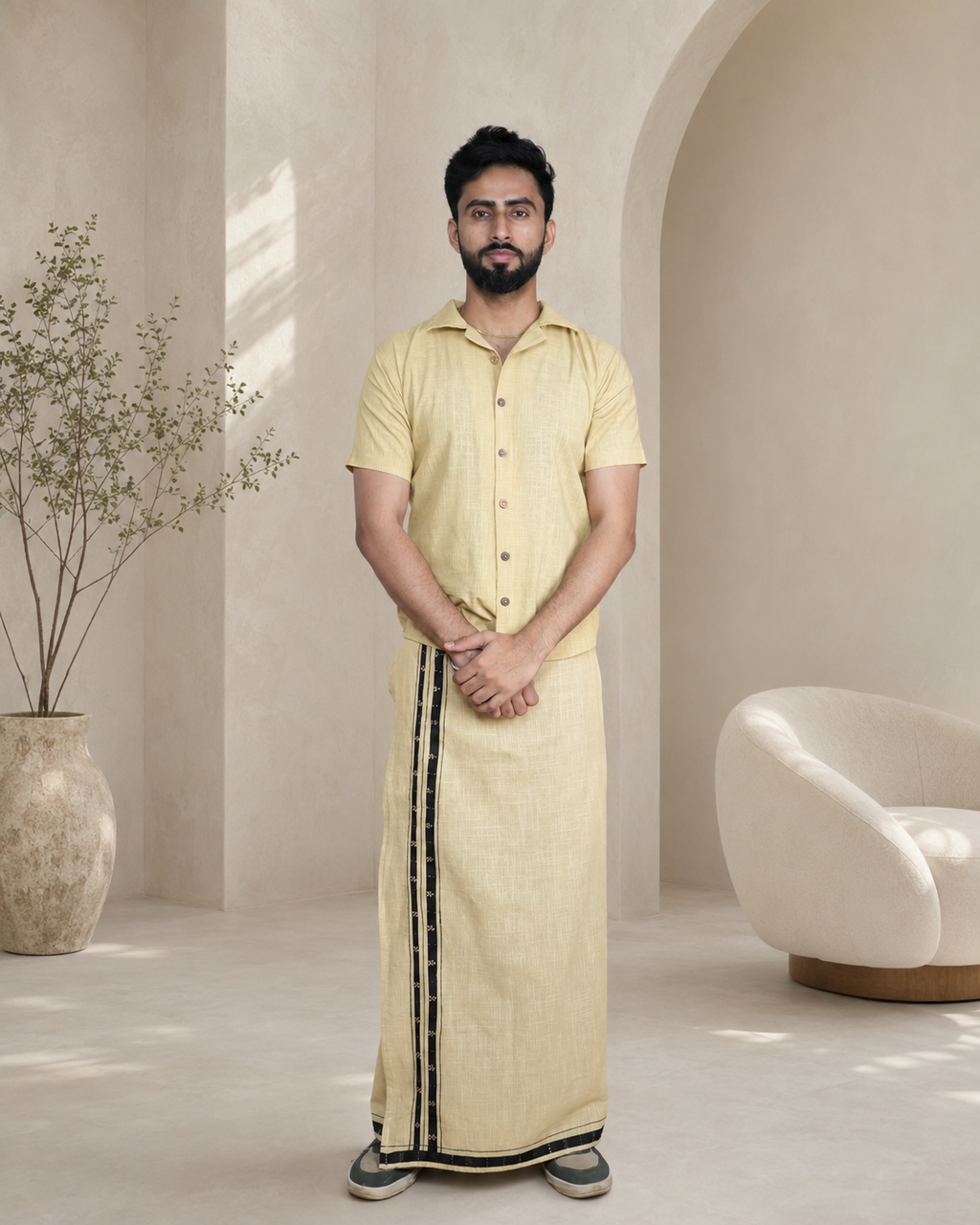 Premium Cotton Stripe Pajamalungi – Skin Beige
