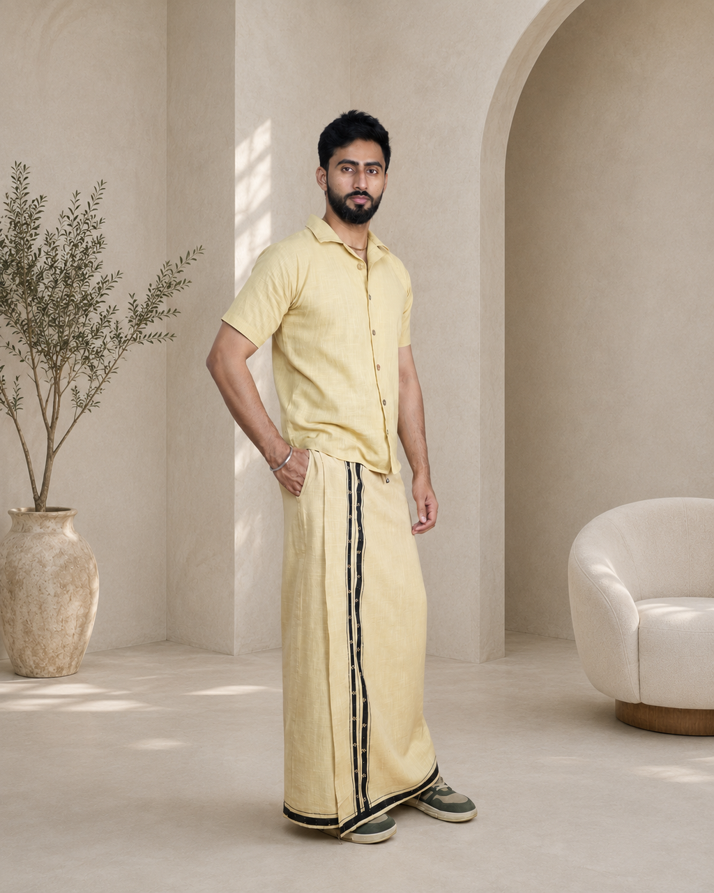 Premium Cotton Stripe Pajamalungi – Skin Beige