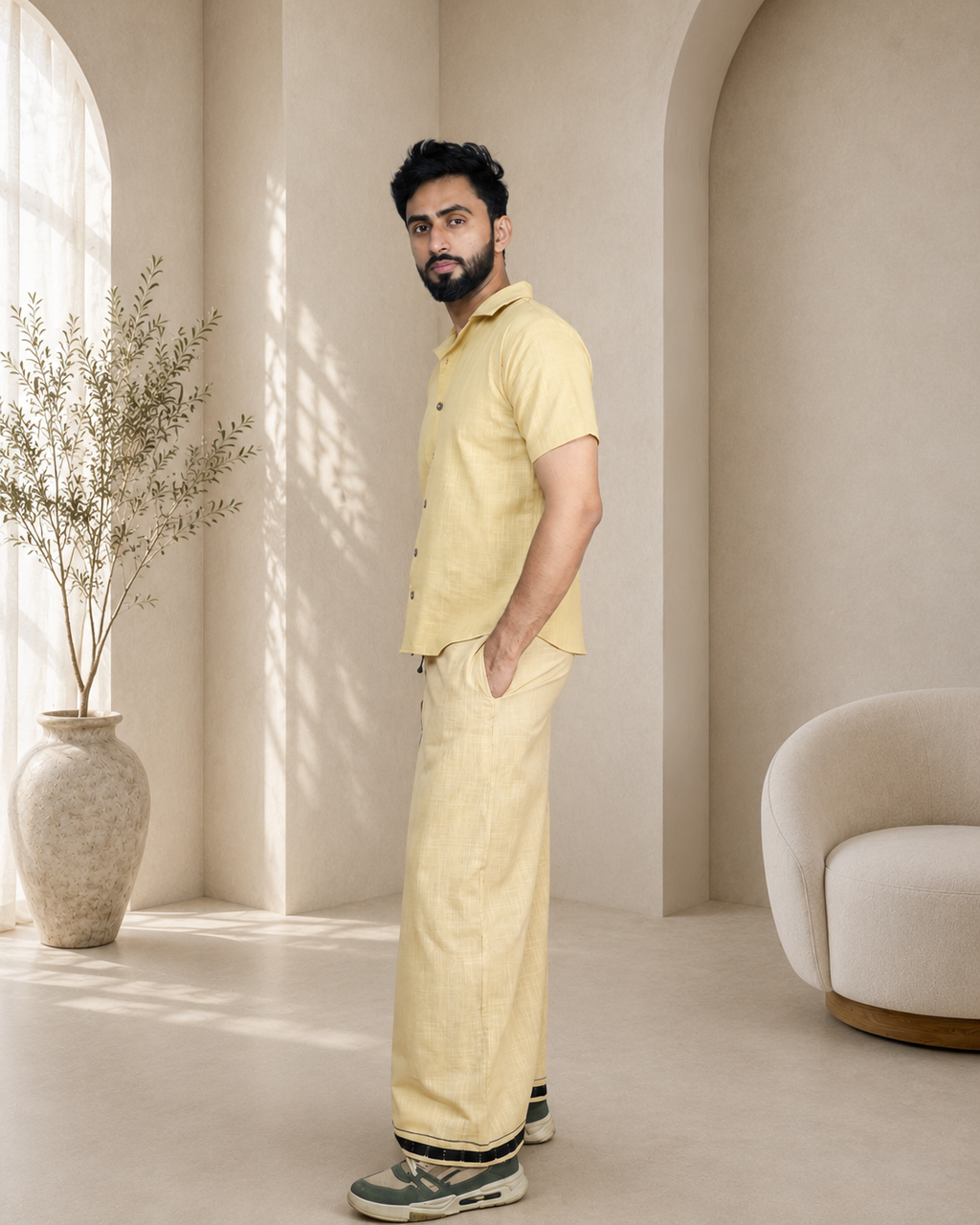 Premium Cotton Stripe Pajamalungi – Skin Beige