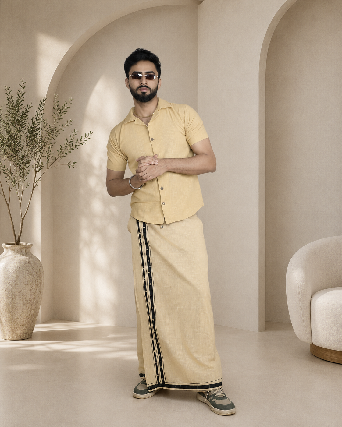Premium Cotton Stripe Pajamalungi – Skin Beige