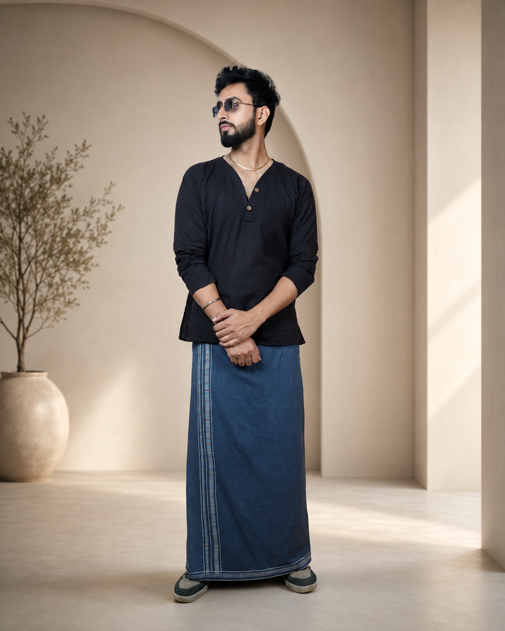 Premium Cotton Stripe Pajamalungi –  Midnight Blue