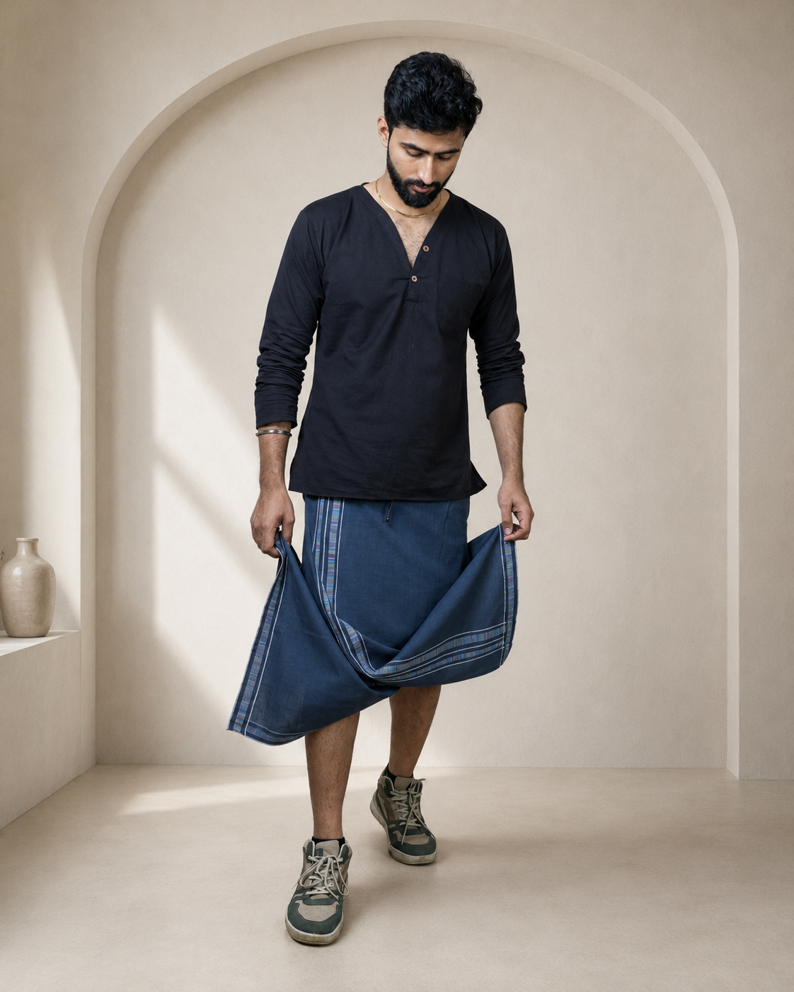 Premium Cotton Stripe Pajamalungi –  Midnight Blue