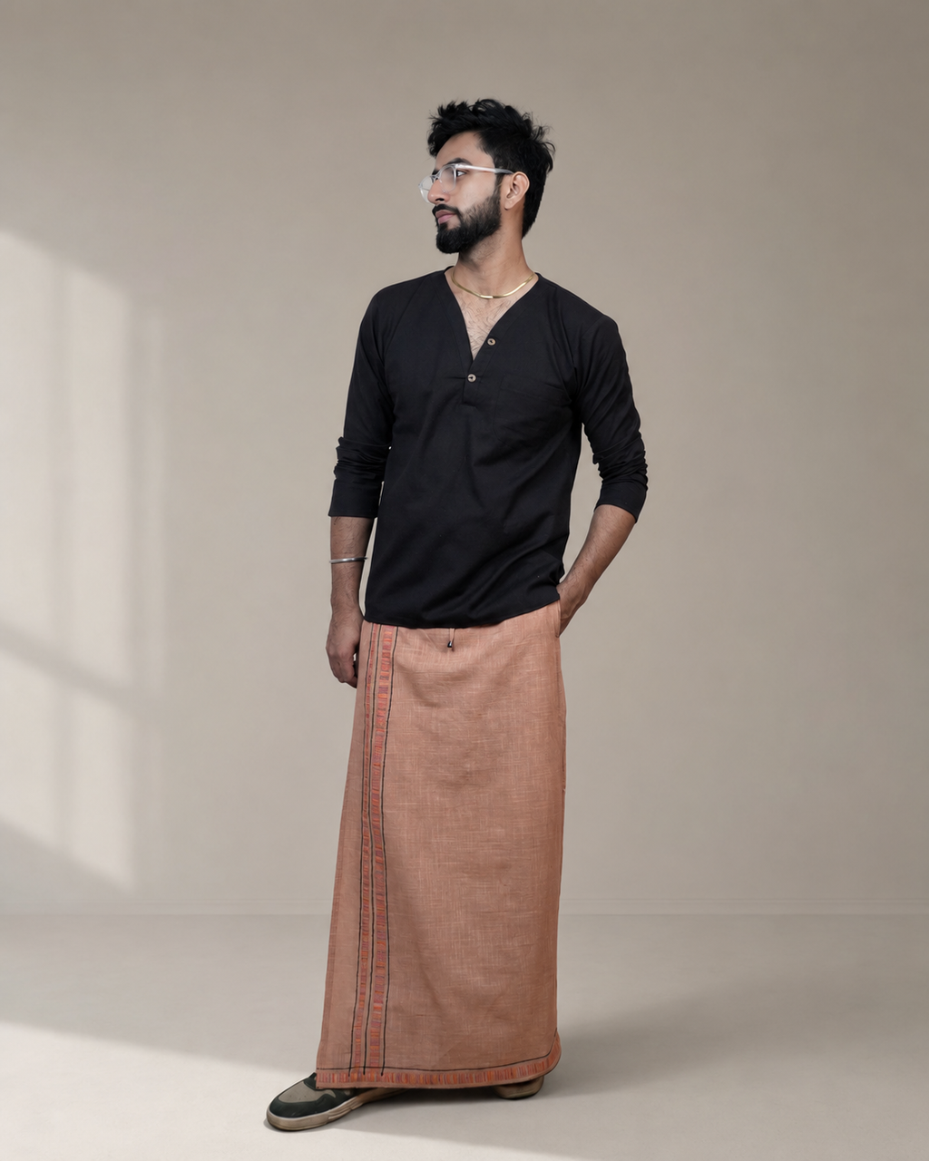 Premium Cotton Stripe Pajamalungi –  Peach Beige