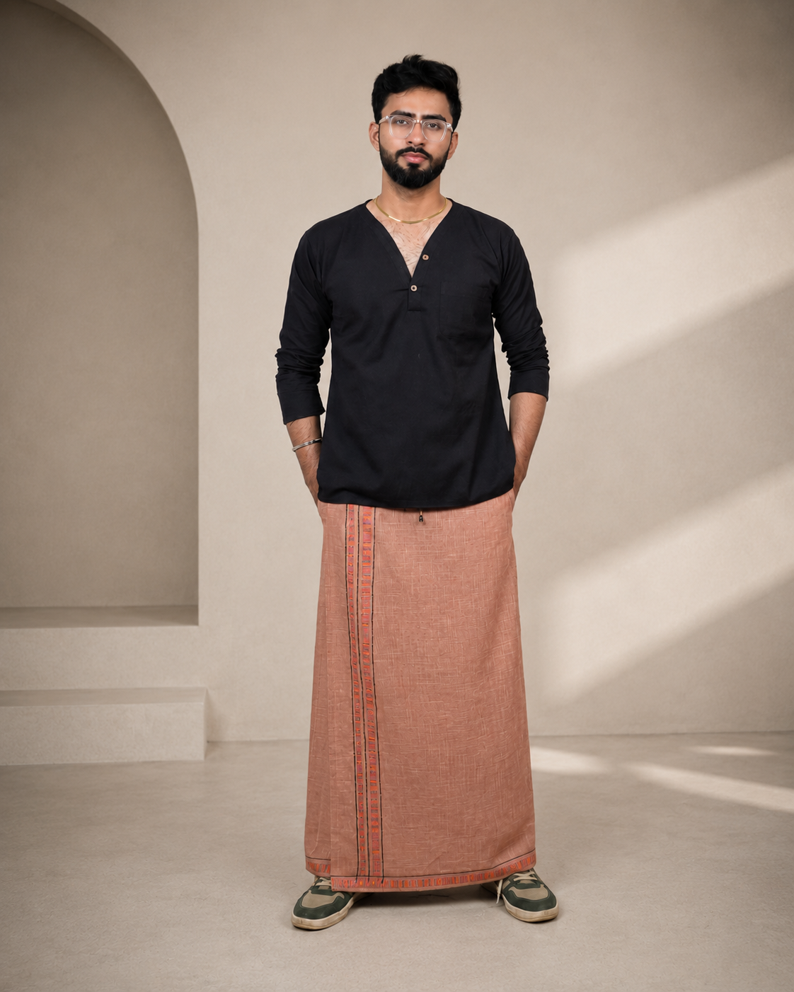 Premium Cotton Stripe Pajamalungi –  Peach Beige