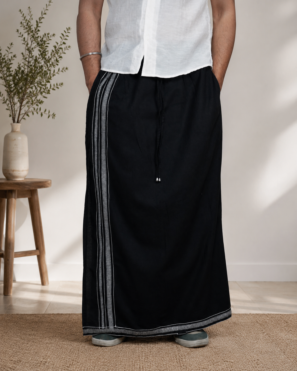 Premium Cotton Stripe Pajamalungi –  Charcoal Black
