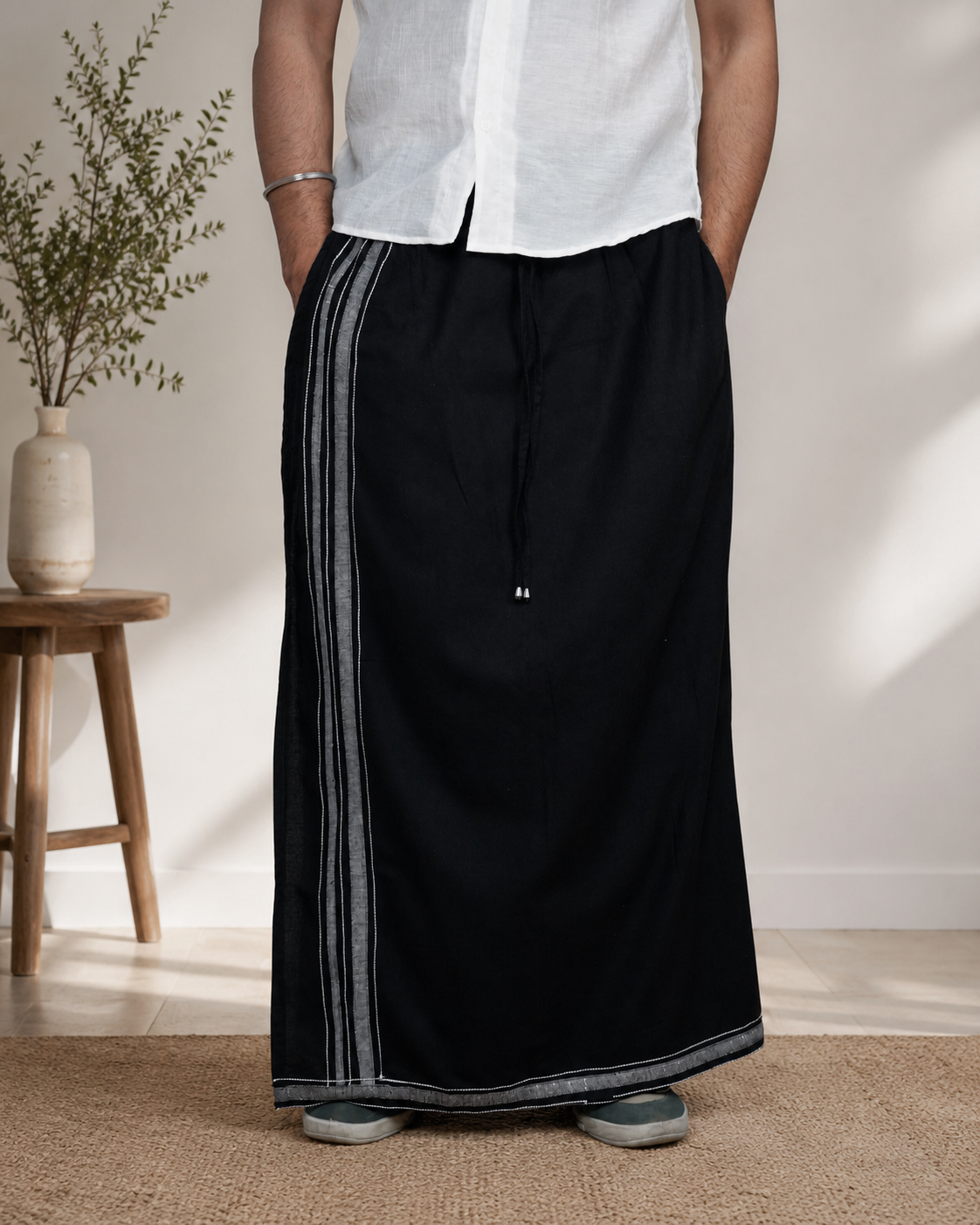 Premium Cotton Stripe Pajamalungi –  Charcoal Black