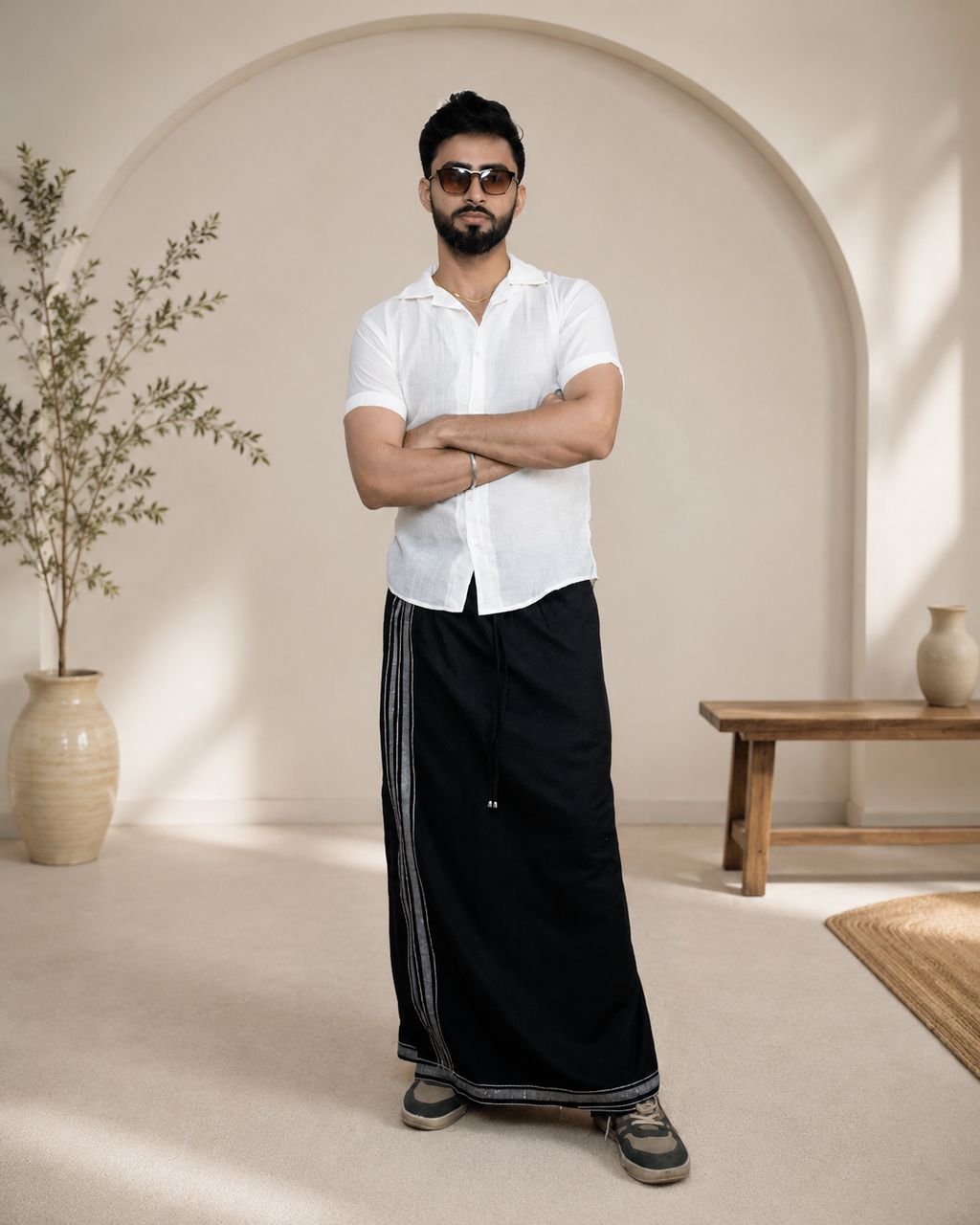 Premium Cotton Stripe Pajamalungi –  Charcoal Black