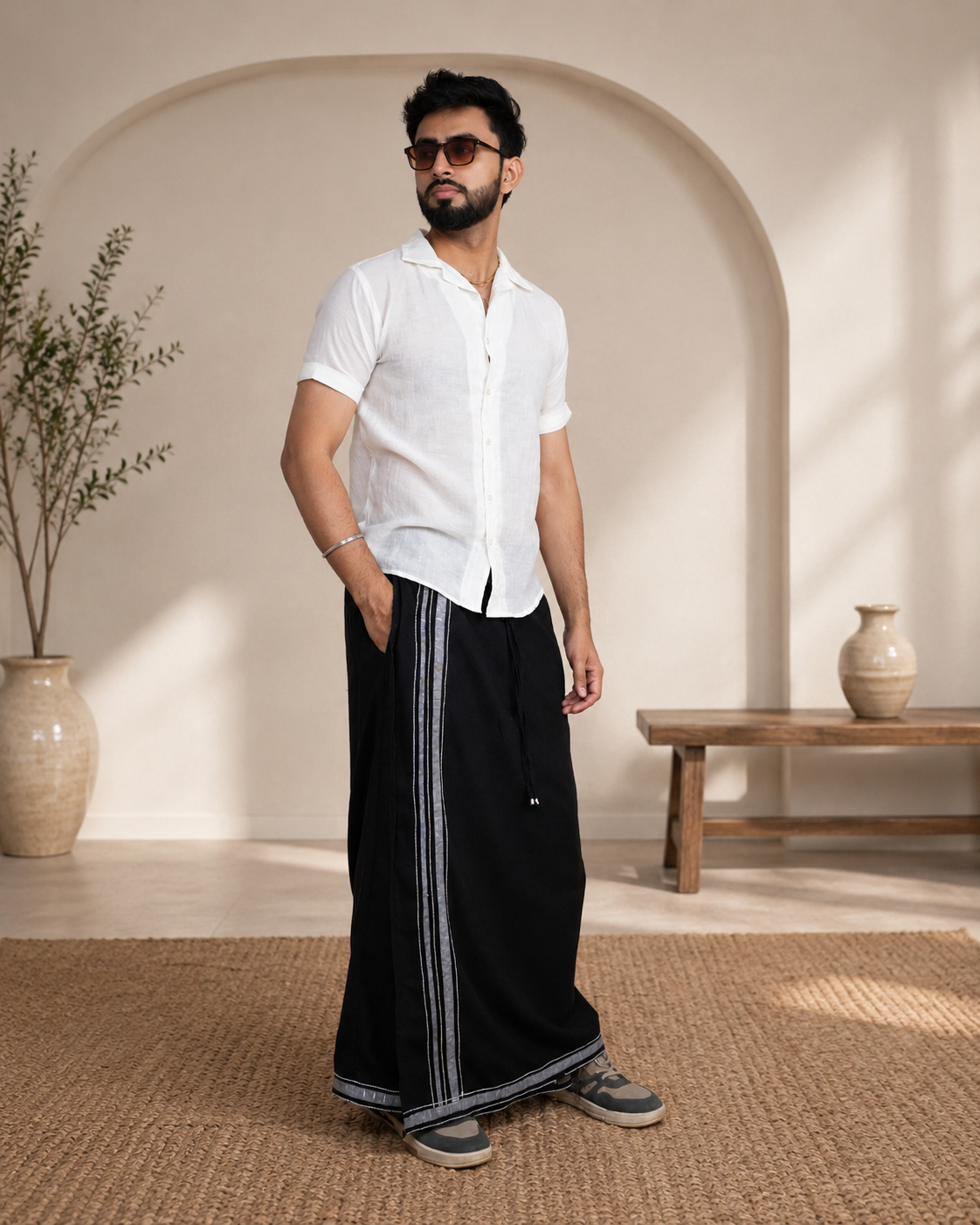 Premium Cotton Stripe Pajamalungi –  Charcoal Black