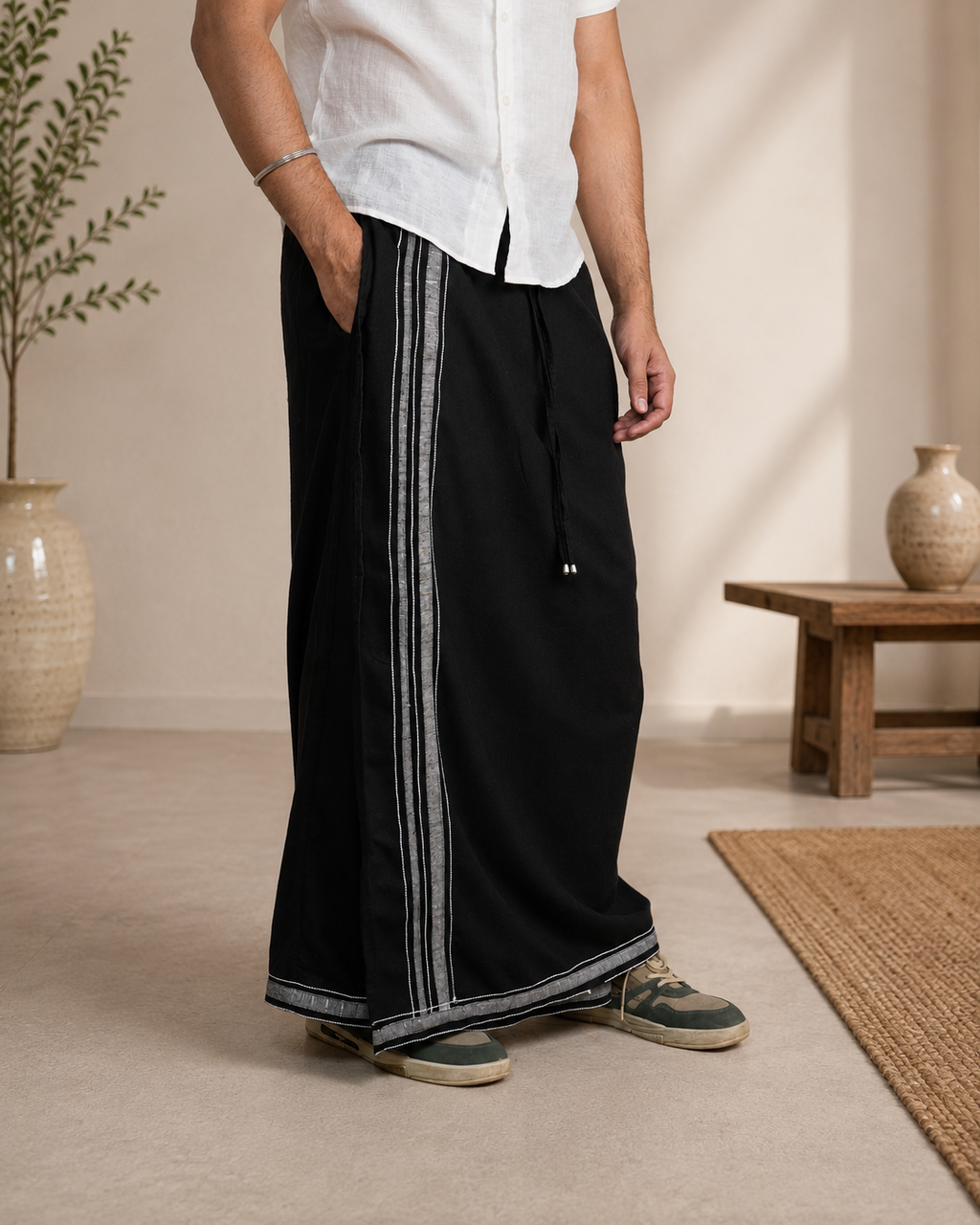 Premium Cotton Stripe Pajamalungi –  Charcoal Black
