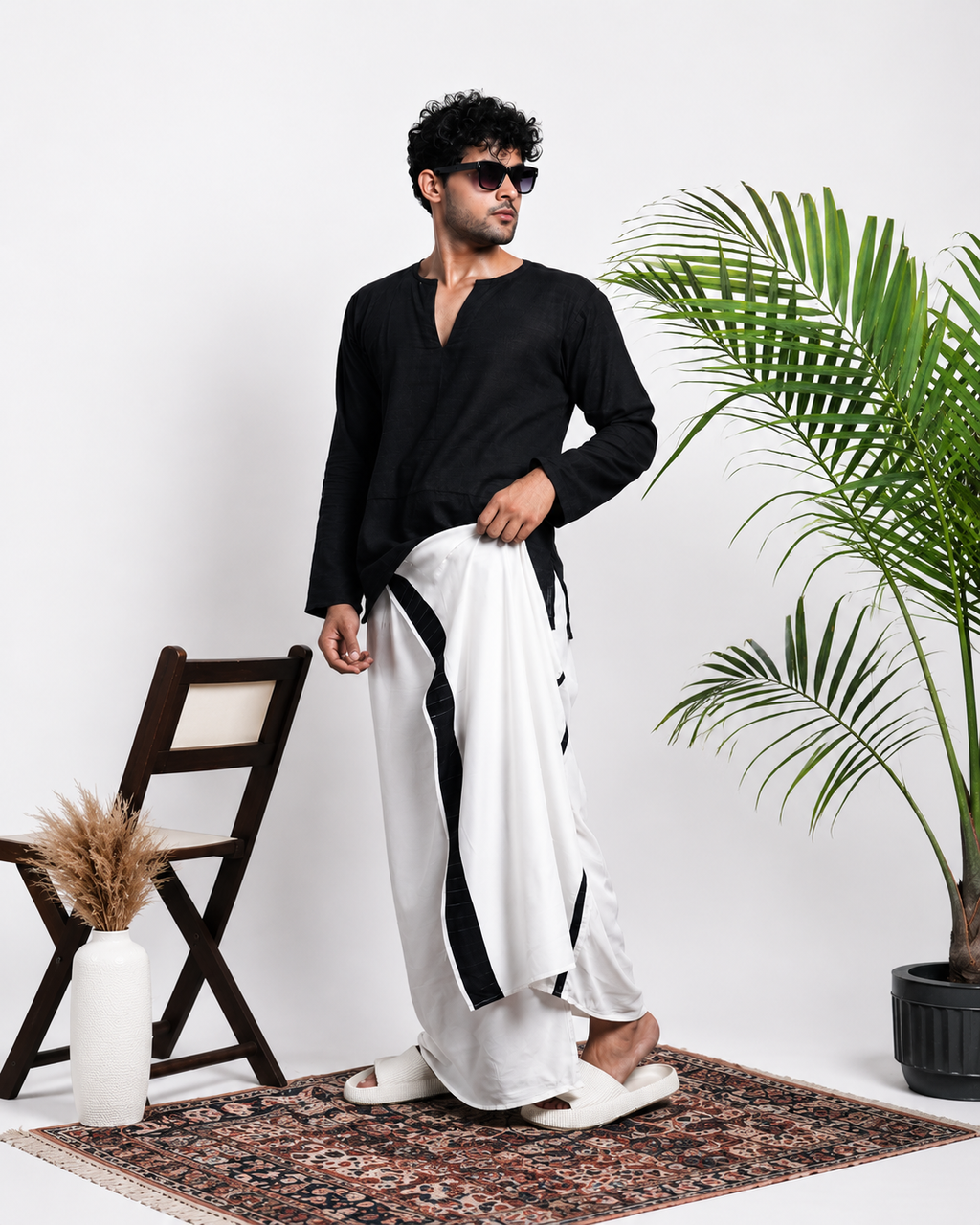 Men White  Colour Pajamalungi Black Colour Textured Stripe Panel Pajamalungi