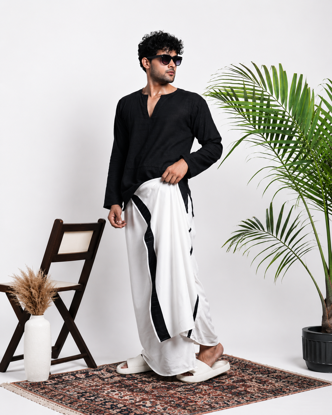 Men White  Colour Pajamalungi Black Colour Textured Stripe Panel Pajamalungi
