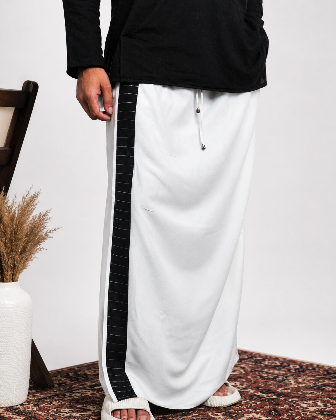 Men White  Colour Pajamalungi Black Colour Textured Stripe Panel Pajamalungi