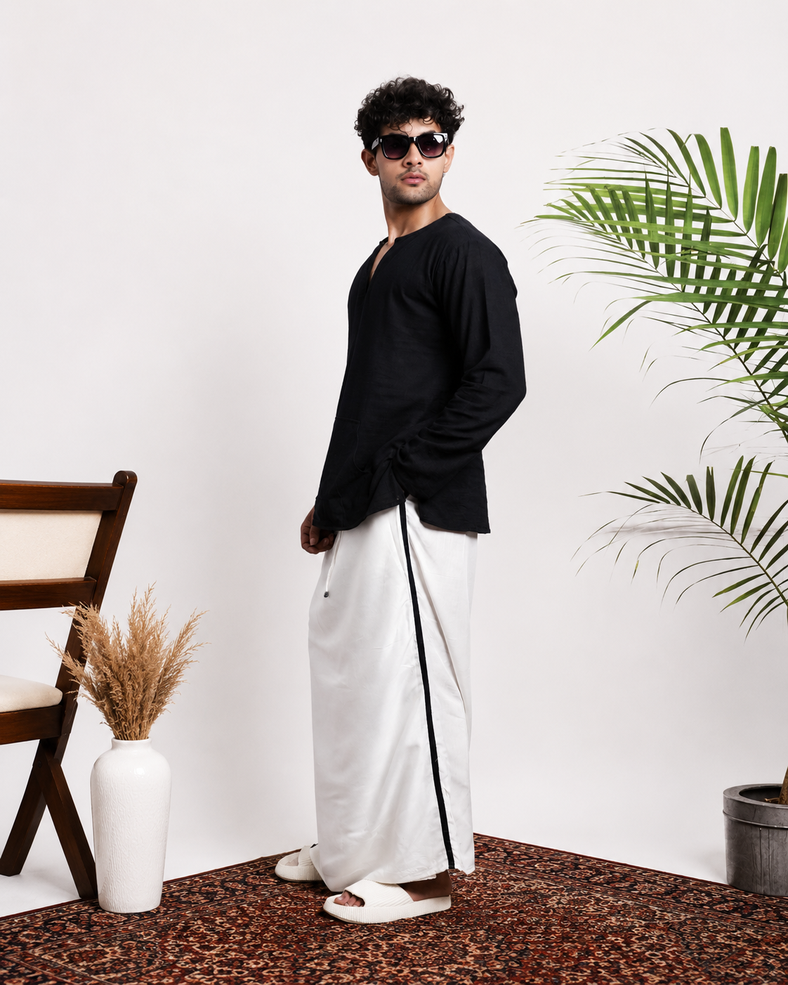 Men White  Colour Pajamalungi Black Colour Textured Stripe Panel Pajamalungi