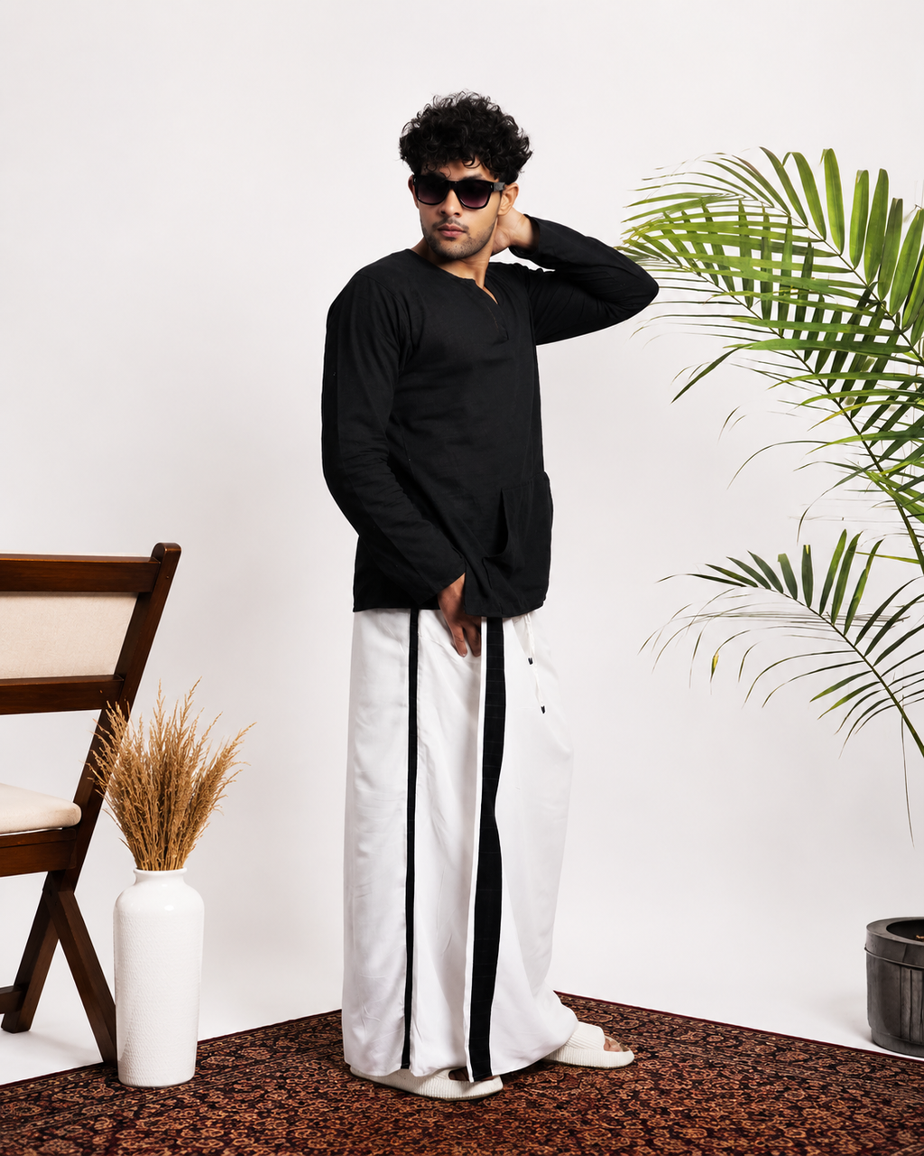 Men White  Colour Pajamalungi Black Colour Textured Stripe Panel Pajamalungi