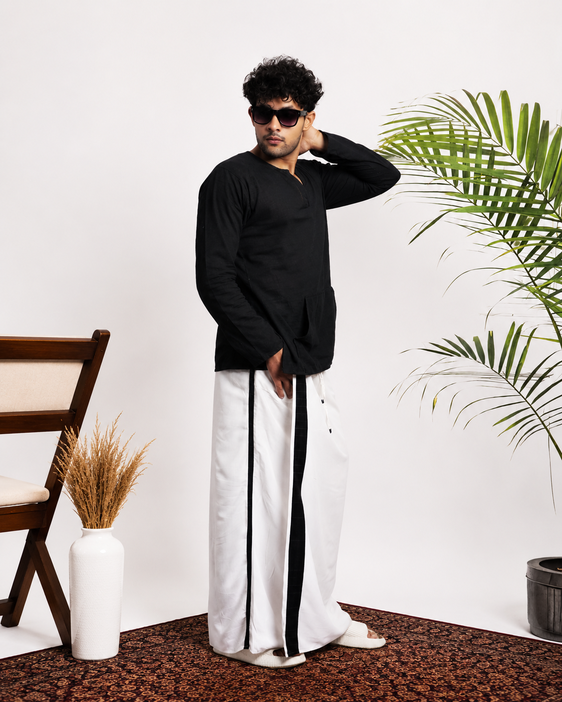 Men White  Colour Pajamalungi Black Colour Textured Stripe Panel Pajamalungi