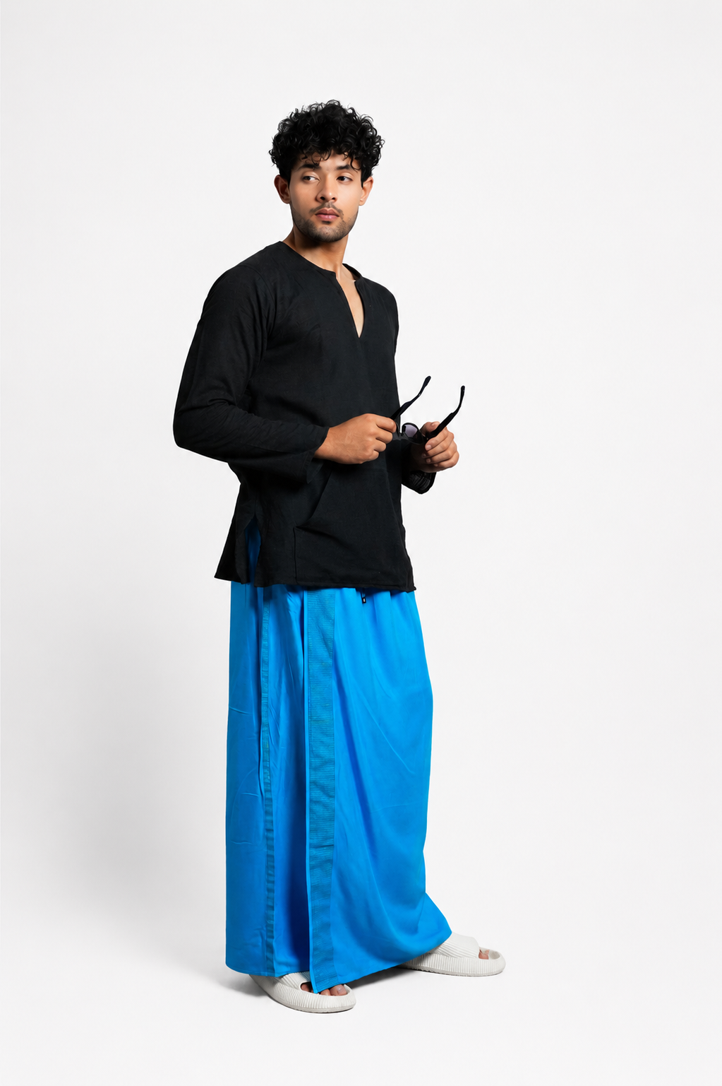 Men Blue Colour Pajamalungi With Blue Textured Stripe Panel Pajamalungi