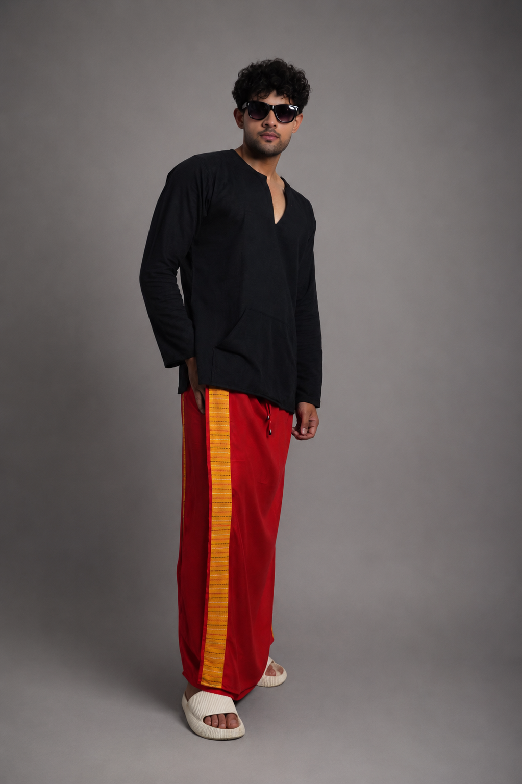 Men Red Colour Pajamalungi With Yellow Stripe Panel