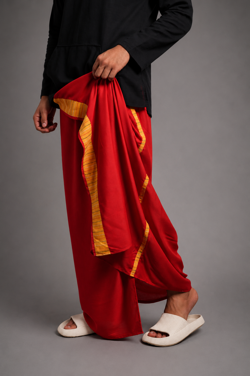 Men Red Colour Pajamalungi With Yellow Stripe Panel