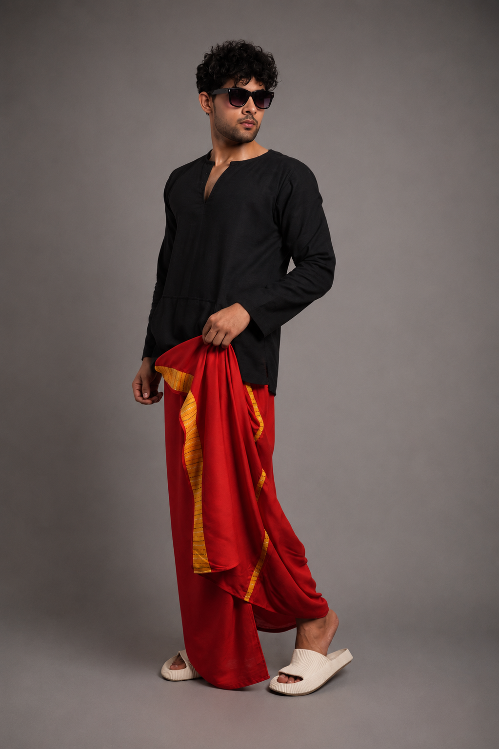 Men Red Colour Pajamalungi With Yellow Stripe Panel