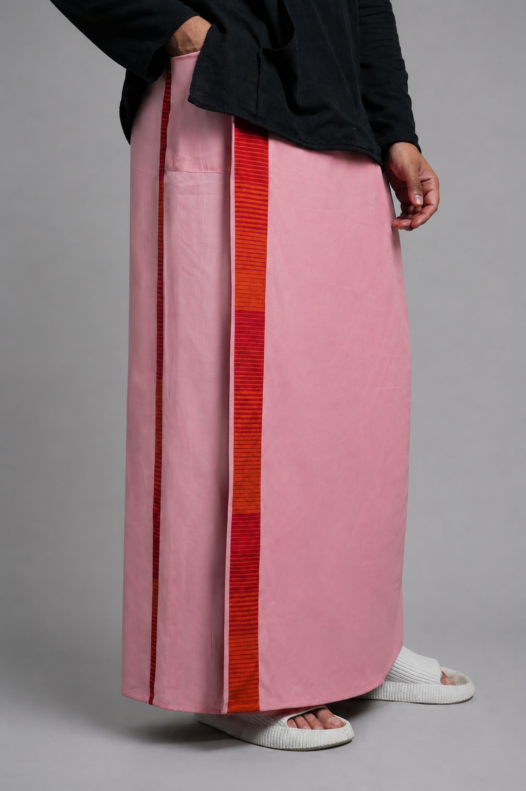 Men Pink  Colour Pajamalungi With Red&Ornage Colour Textured Stripe Panel Pajamalungi