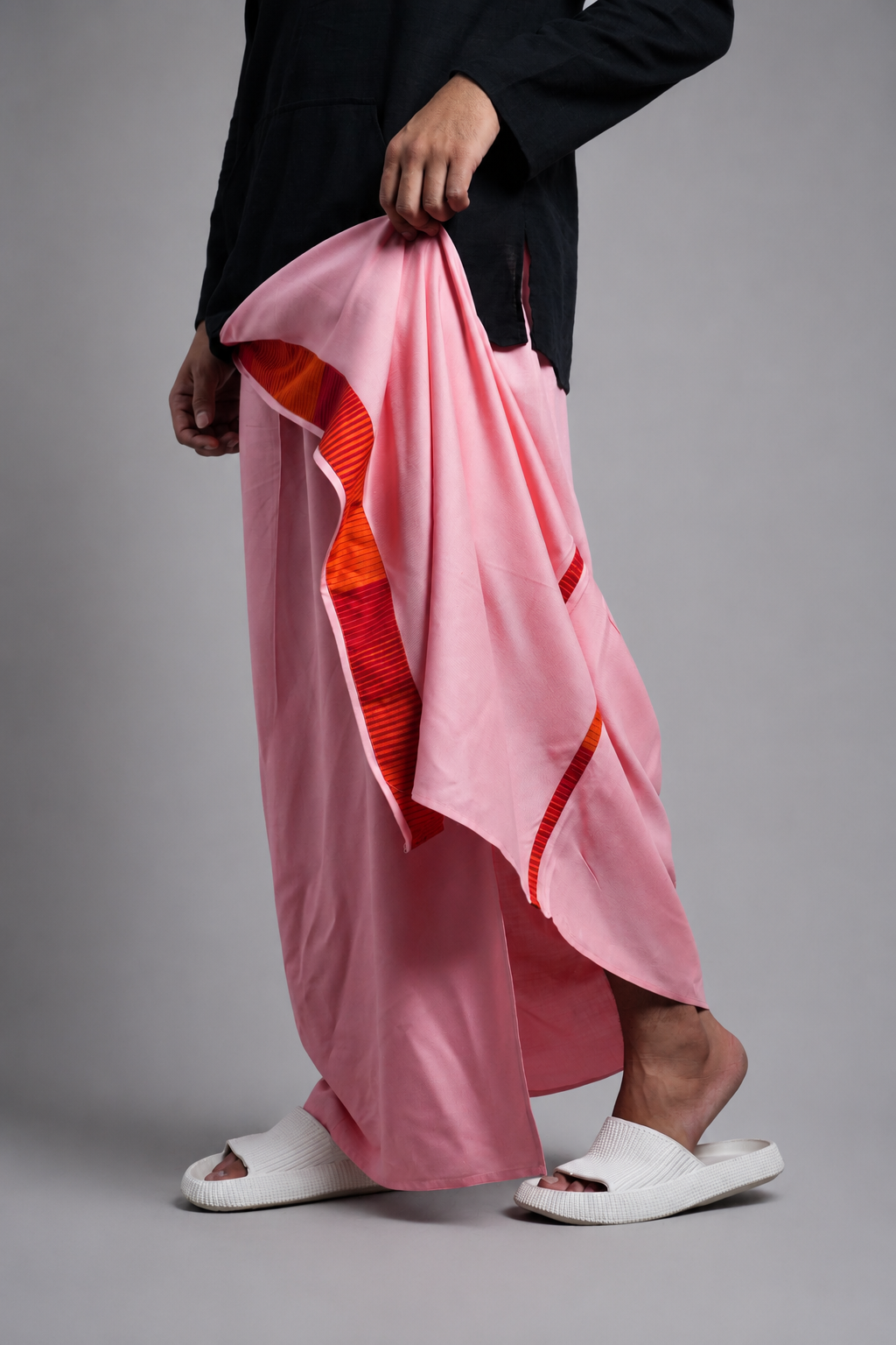 Men Pink  Colour Pajamalungi With Red&Ornage Colour Textured Stripe Panel Pajamalungi
