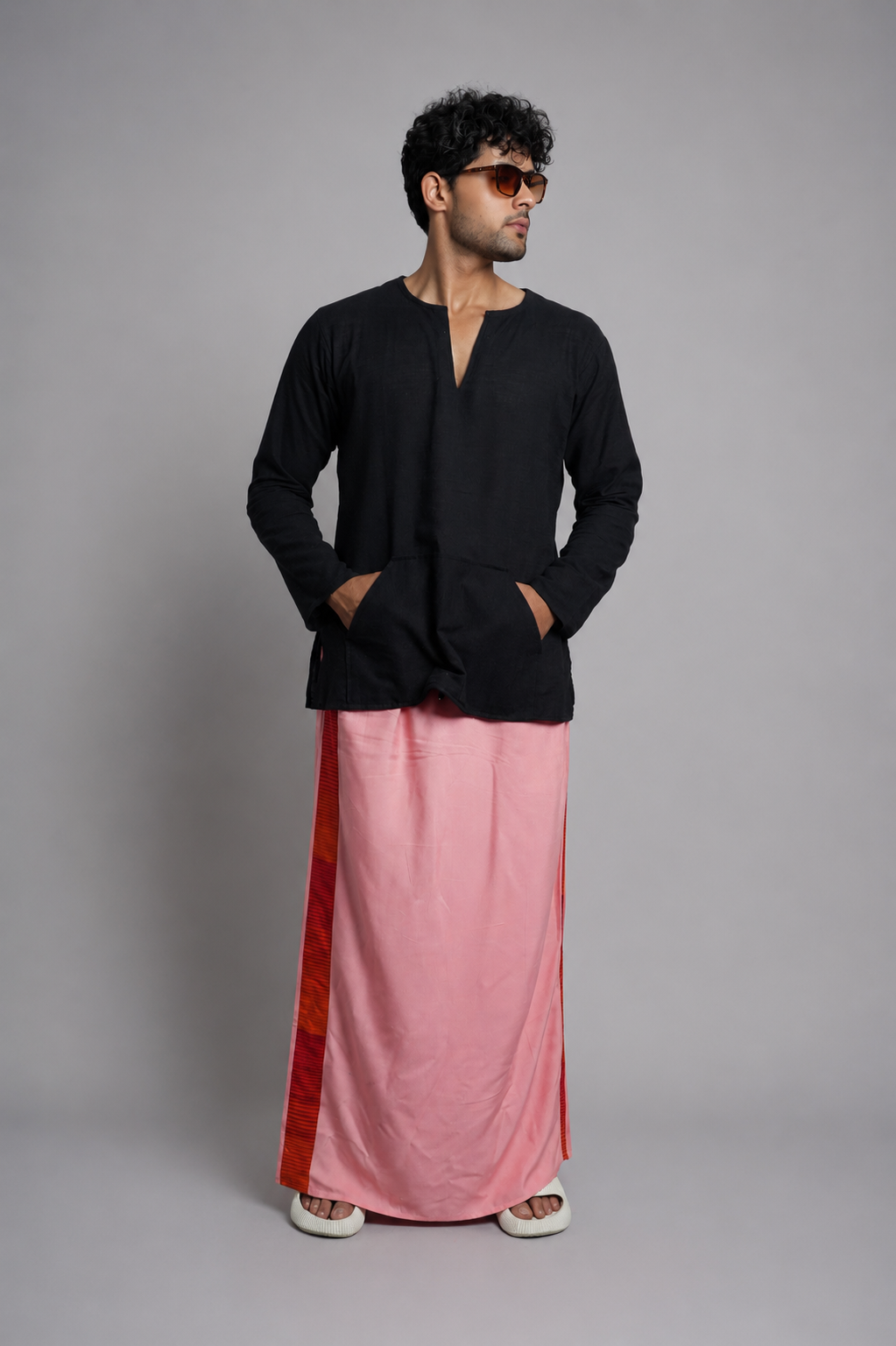 Men Pink  Colour Pajamalungi With Red&Ornage Colour Textured Stripe Panel Pajamalungi