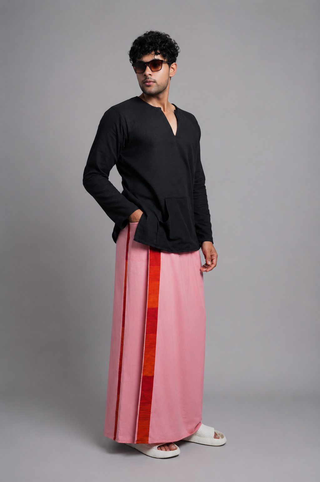 Men Pink  Colour Pajamalungi With Red&Ornage Colour Textured Stripe Panel Pajamalungi