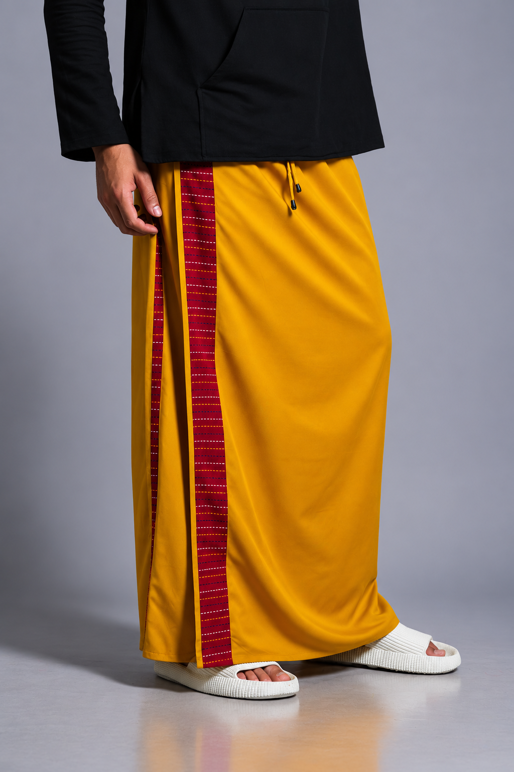 Men Yellow Colour Pajamalungi With Red  Textured Stripe Panel Pajamalungi