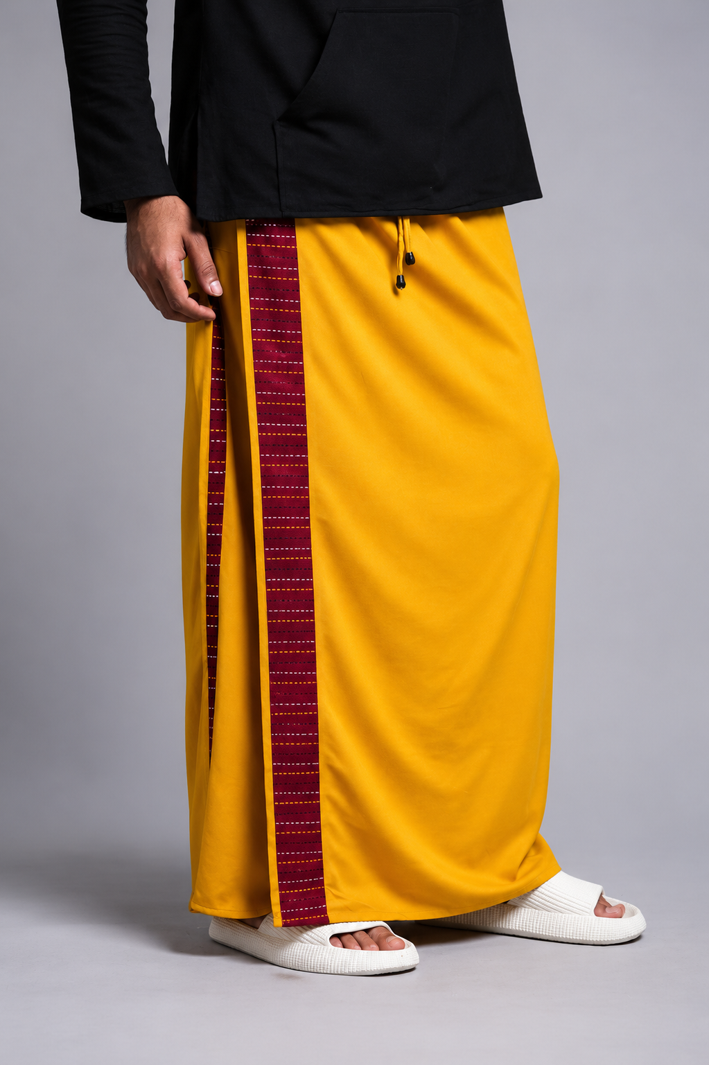 Men Yellow Colour Pajamalungi With Red  Textured Stripe Panel Pajamalungi