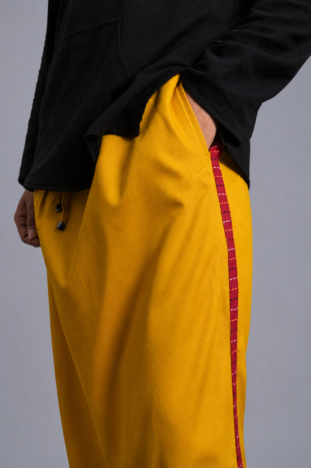 Men Yellow Colour Pajamalungi With Red  Textured Stripe Panel Pajamalungi