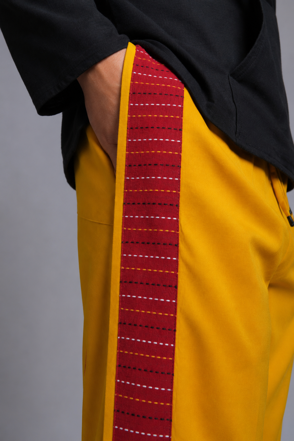 Men Yellow Colour Pajamalungi With Red  Textured Stripe Panel Pajamalungi