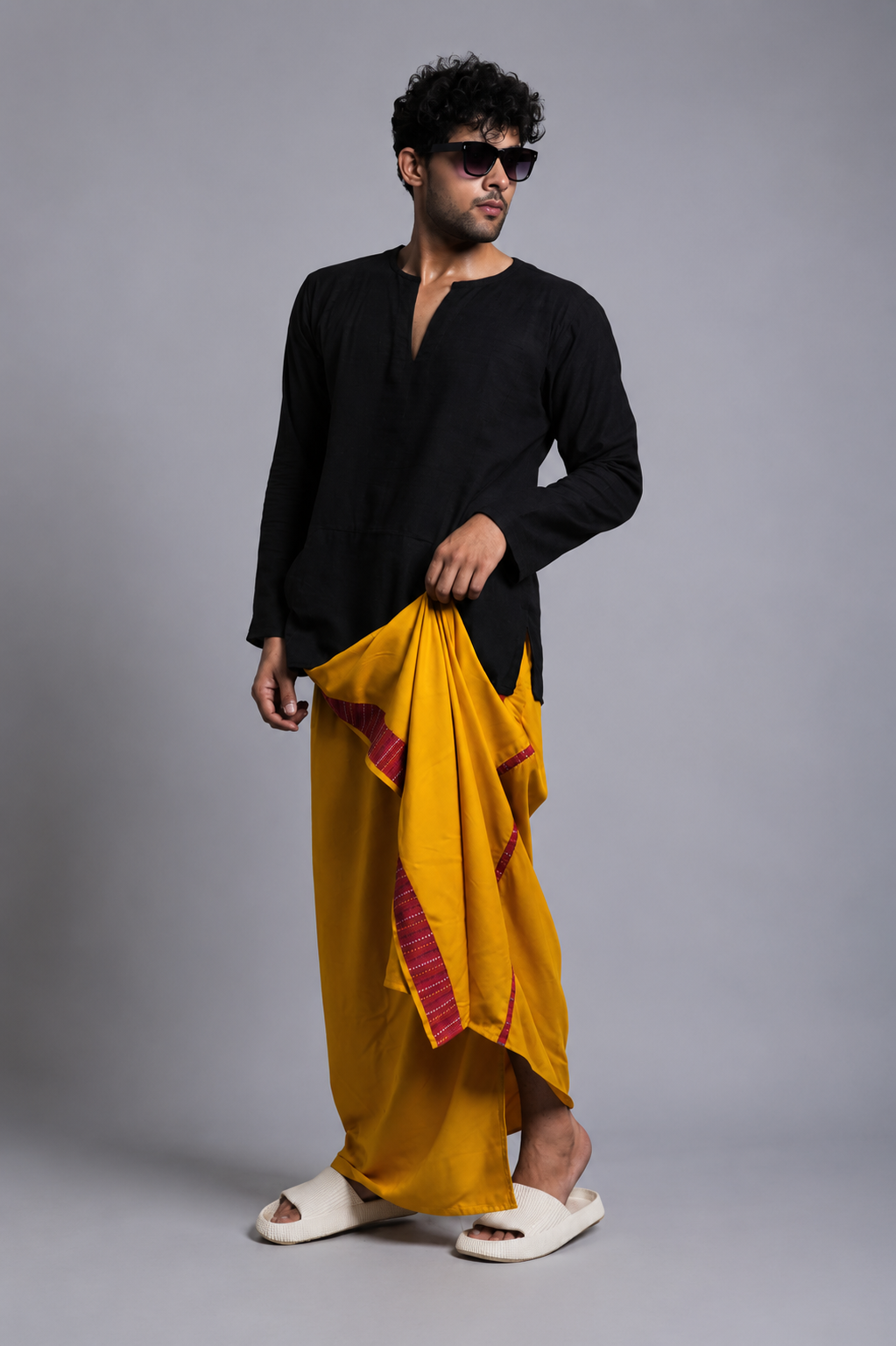 Men Yellow Colour Pajamalungi With Red  Textured Stripe Panel Pajamalungi