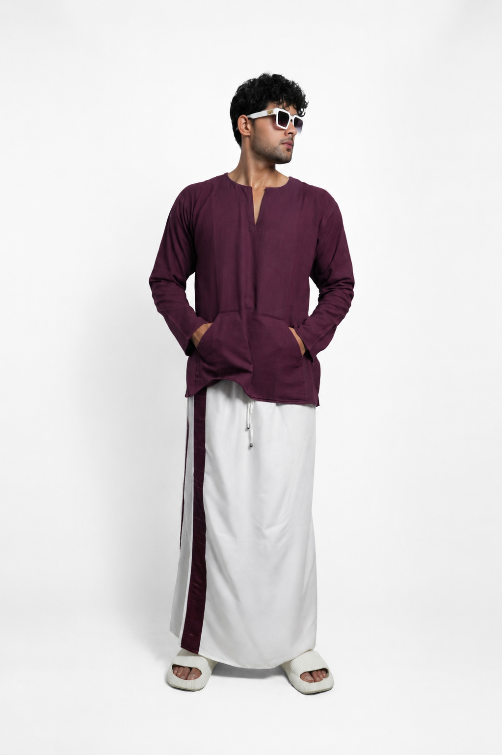 Men White Colour Pajamalungi With Marron Colour Textured Stripe Panel Pajamalungi