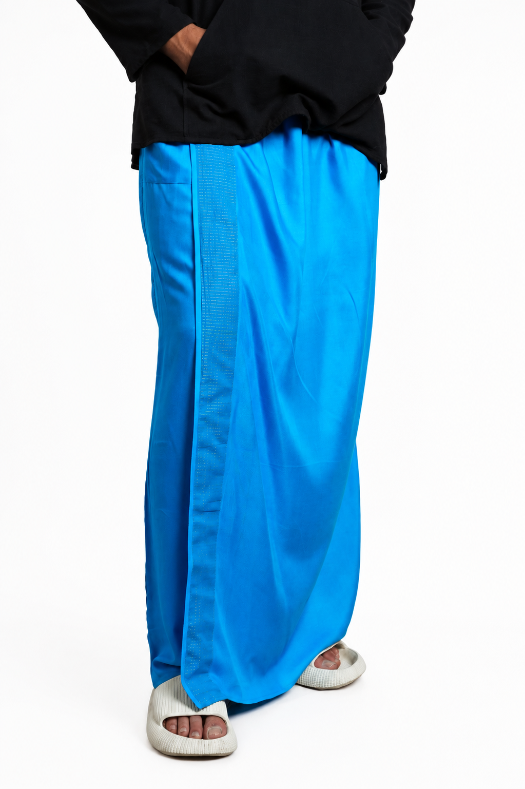Men Blue Colour Pajamalungi With Blue Textured Stripe Panel Pajamalungi